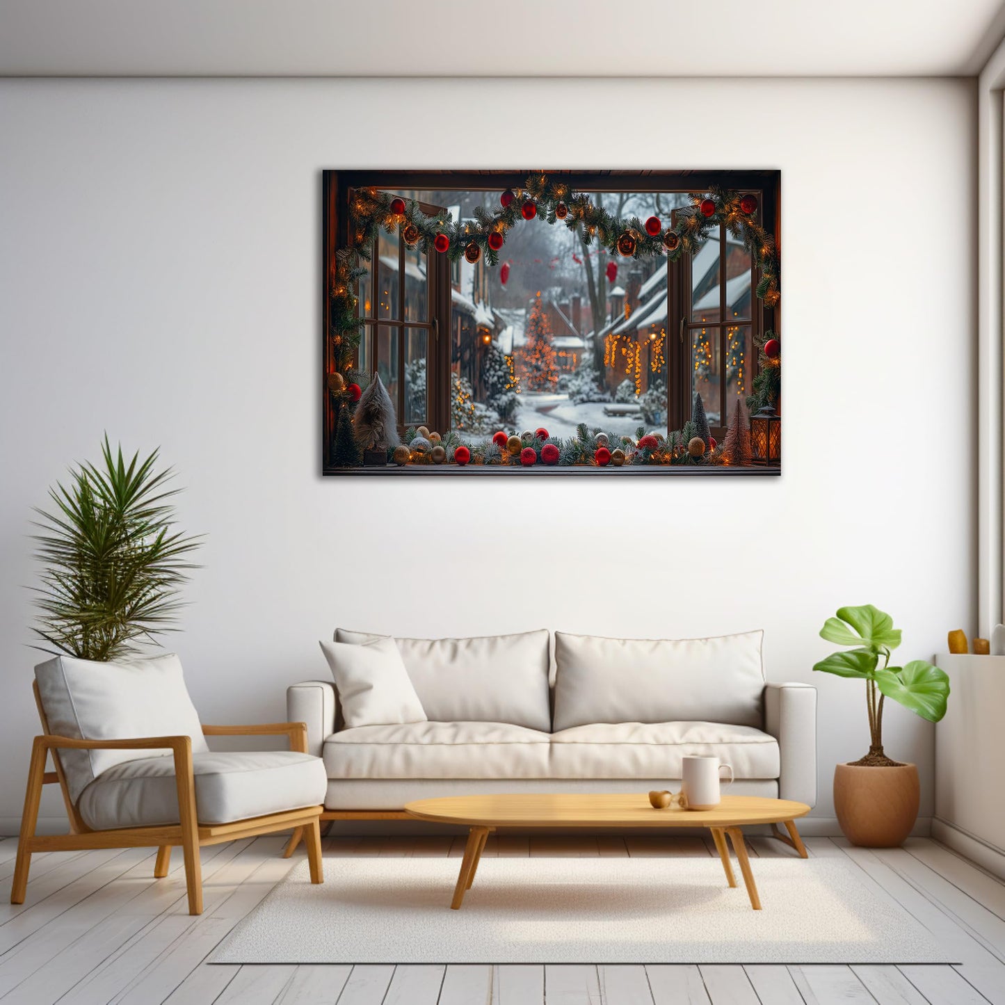 WOOHOOROO Fake Window Wall Sticker Festive Street Garland Christmas Peel and Stick Removable Holiday Scene,32" x 48"