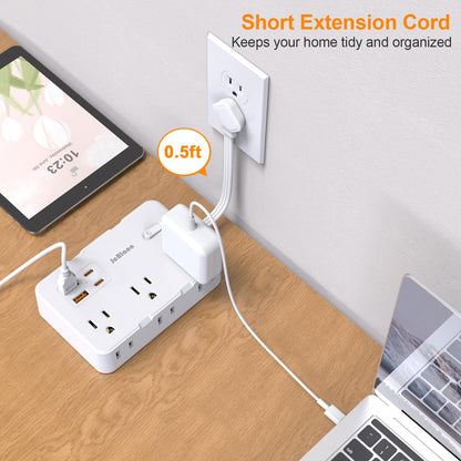 Flat Plug Power Strip Surge Protector, 5ft Ultra Thin Extension Cord with 4 USB Wall Charger(2 USB C Port), 6 Widely-Spaced Outlets Power Strip Compact for Travel, Office, Dorm Room Essentials (White)