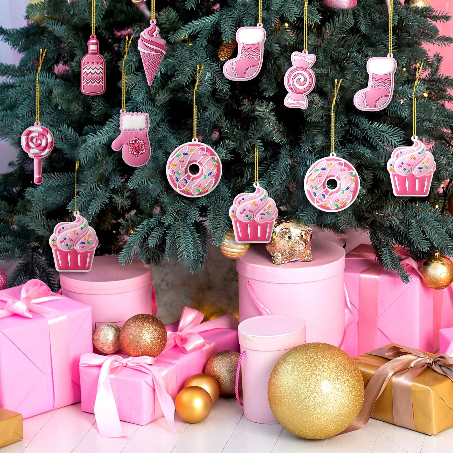 Panelee 48 Pcs Christmas Candy Tree Ornaments PVC Pink Christmas Candy Cane Lollipop Ornament Xmas Hanging Decors Birthday Party Decoration Crafts for Xmas Tree Party