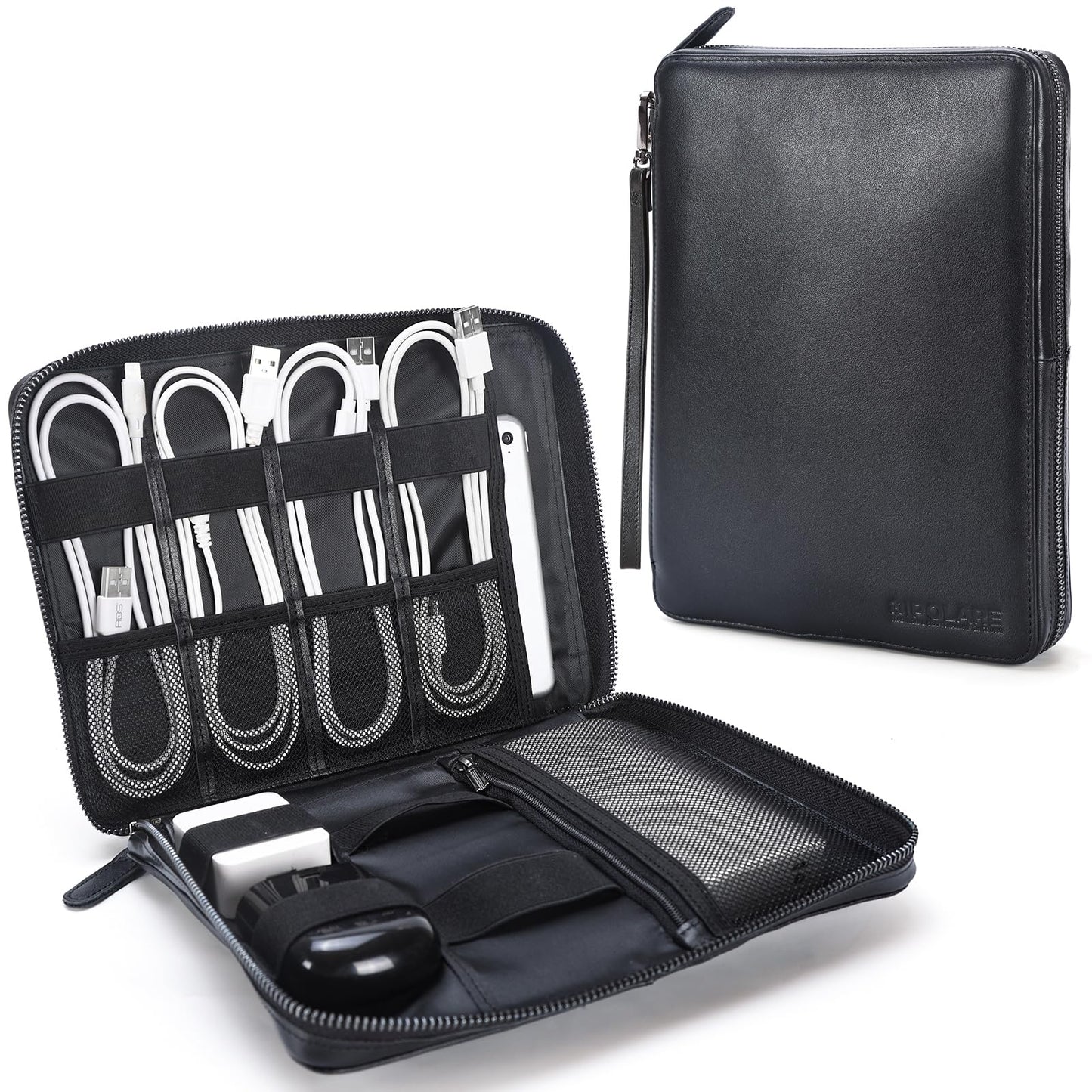Polare Napa Leather Travel Cable Organizer Case Electronics Accessories Carry Bag with YKK Zippers Tech Storage Bag for Cables, Power Bank, USB, SD Card, Travel Essentials(Black)