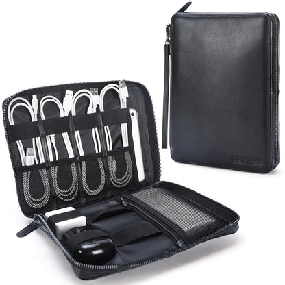 Polare Napa Leather Travel Cable Organizer Case Electronics Accessories Carry Bag with YKK Zippers Tech Storage Bag for Cables, Power Bank, USB, SD Card, Travel Essentials(Black)