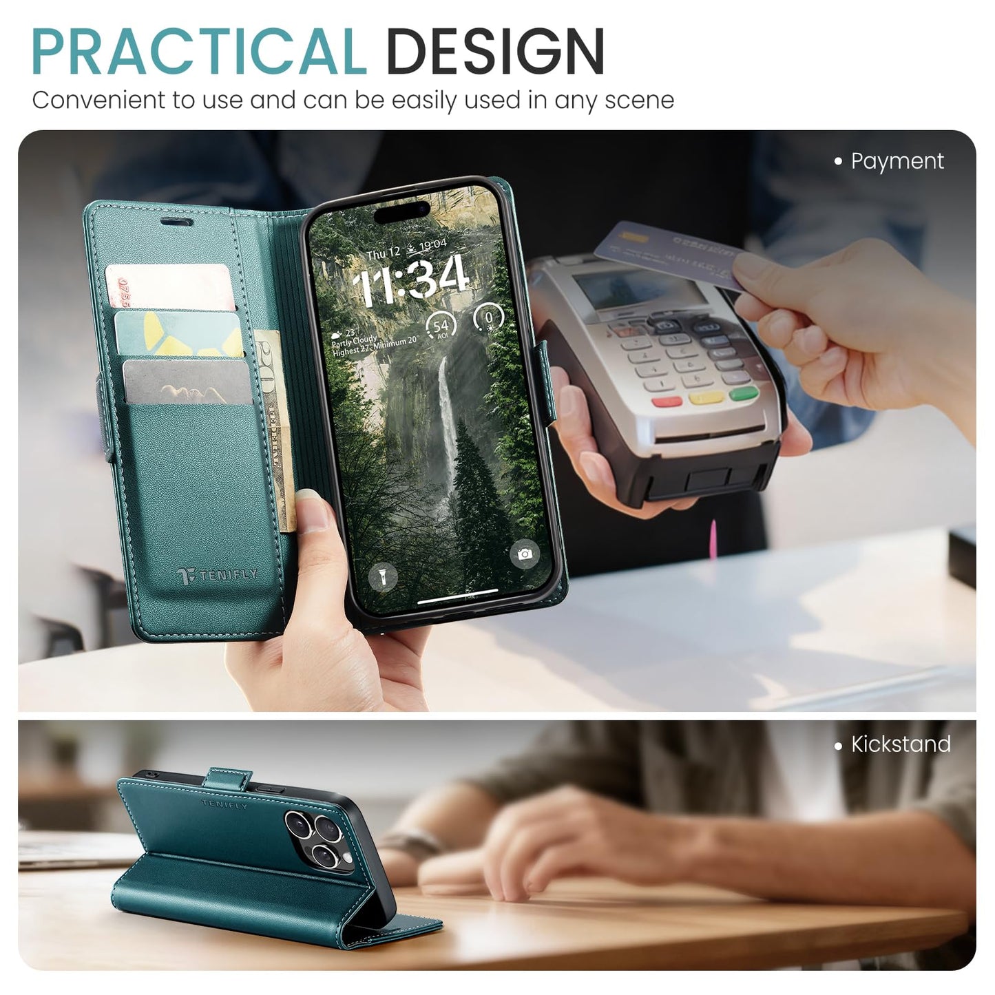 Tenifly for iPhone 15 Pro Max Case Wallet with RFID Blocking Card Holder, PU Leather Kickstand Protective Flip Phone Cover Fit for iPhone 15 Pro Max 6.7", Bluish Green