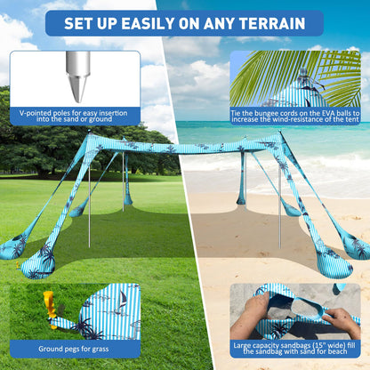 Wabolay Beach Tent Canopy Pop Up Shade 10x10ft Sun Shelter Portable Family UPF50+ with 8 Sandbags-2 Sand Shovel-4 Aluminum Poles-Ground Pegs-Carrying Bag for Outdoor Camping Fishing Backyard Picnic
