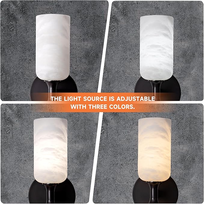 Alabaster Wall Sconce Set of 2, 14in Modern Spanish Natural Marble Bathroom Vanity Sconces, Indoor Black Wall Lighting Fixtures Decor for Bedroom Living Room Staircases