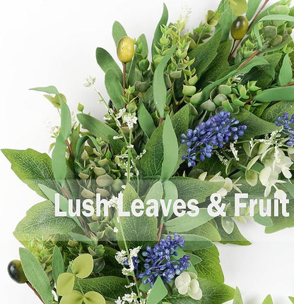 Wreaths for Front Door 22", Door Spring Wreath with Eucalyptus Olive Boxwood Leaves, Greenery Wreath Door Decoration for Spring Summer All Season Home and Outdoor