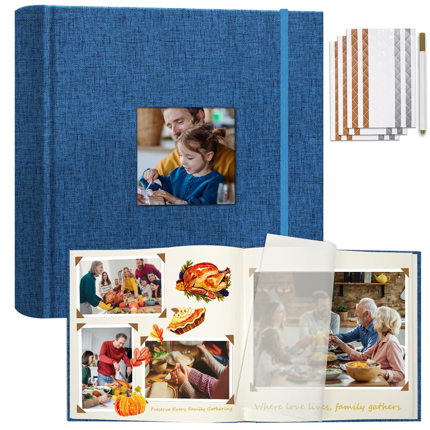 Vienrose Scrapbook Album 12" x 12", Large Linen Photo Album with Writing Space, DIY Scrapbook Supplies for Wedding, Baby, Family Memories & Travel (30 sheets / 60 pages Navy Blue)