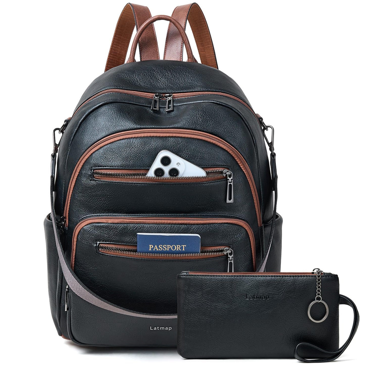 LATMAP Backpack Purse for Women Laptop Backpack, Leather Travel Backpack Shoulder Bag Teacher College Daypack Work Handbag fits 14" Laptop-Black with Brown