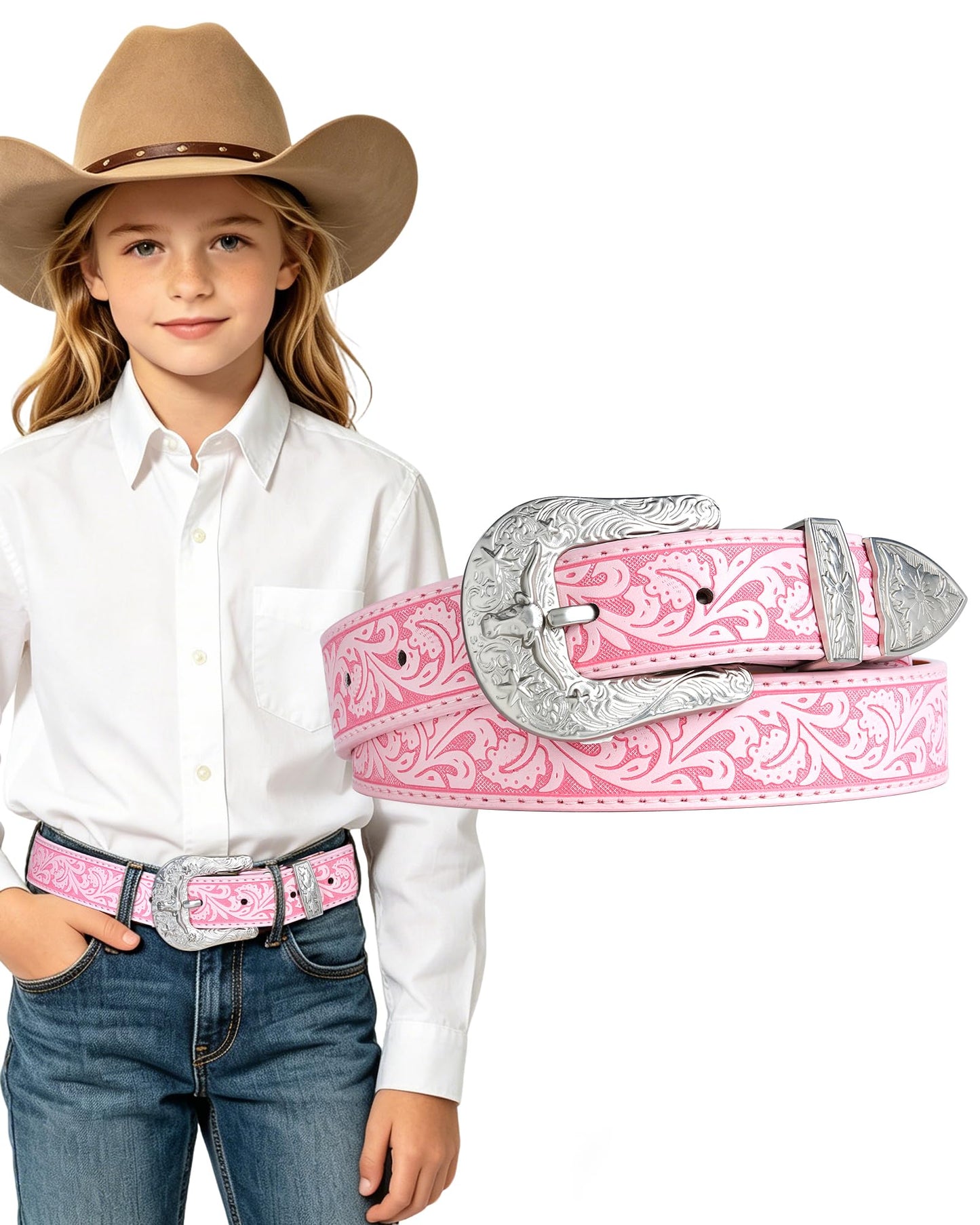 Kajeer Kids Western Belt for Boy,Cowboy Leather Belt Vintage Engraved Embossed Buckle Western Belts for Jeans Gifts