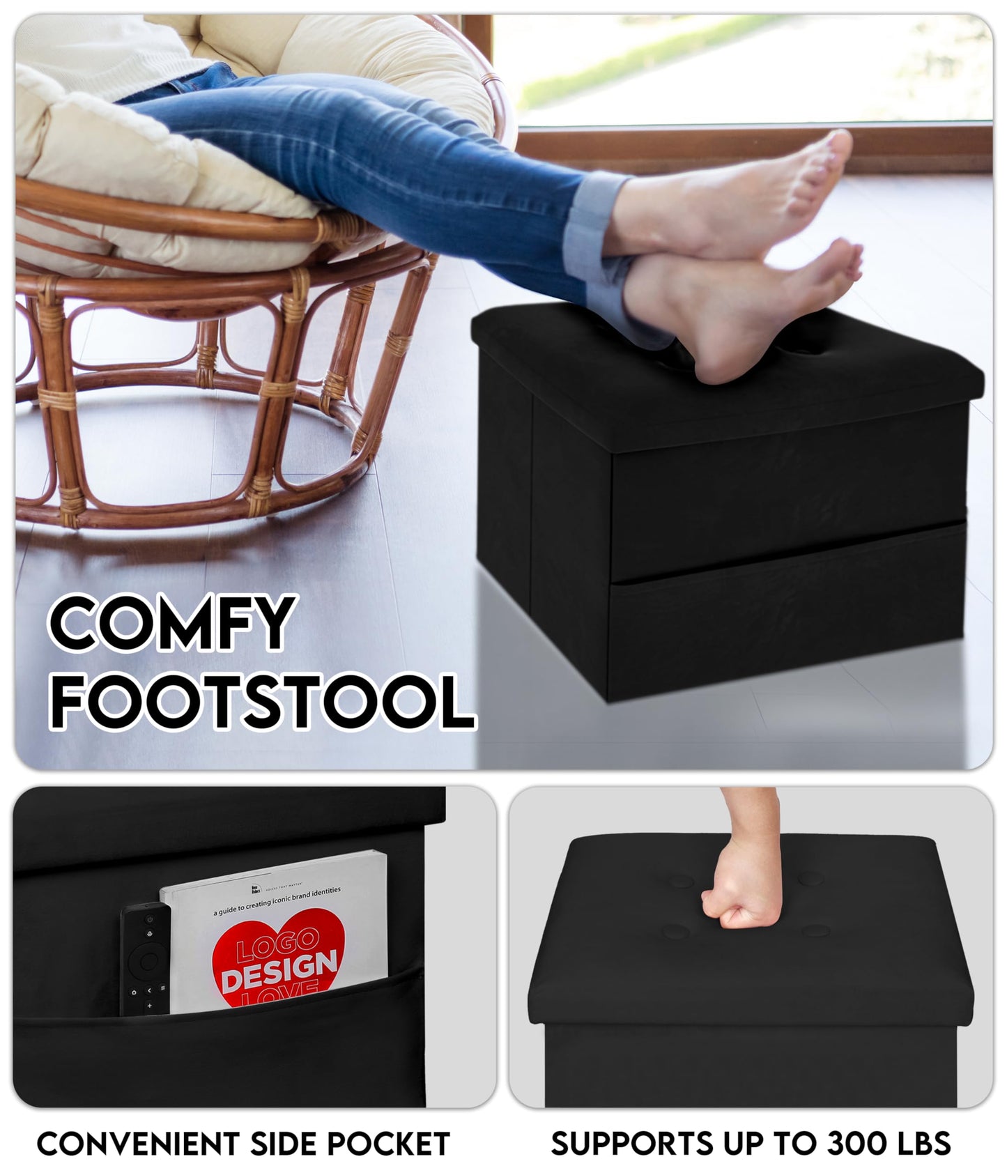 Zoes Homeware Small Storage Ottoman Foot Rest, Velvet Ottoman with Storage and Side Pocket, Black Foot Rest for Couch, Foldable Footstool for Chair, Living Room&Dorm, 16"x12"x12"