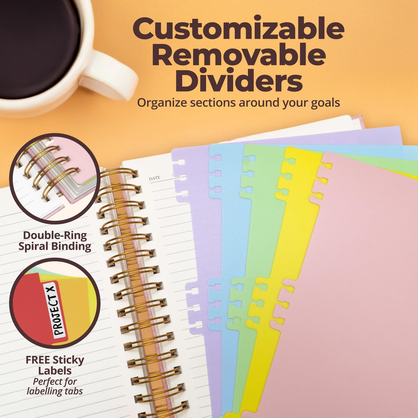 Hardcover Leather Lined Spiral Notebook 8x10" with Removable Dividers - Pink - 300 Pages 5 Subject College Ruled Notebook for Work with Tabs, Pockets, and Pen Loop for Note Taking, Large Journal
