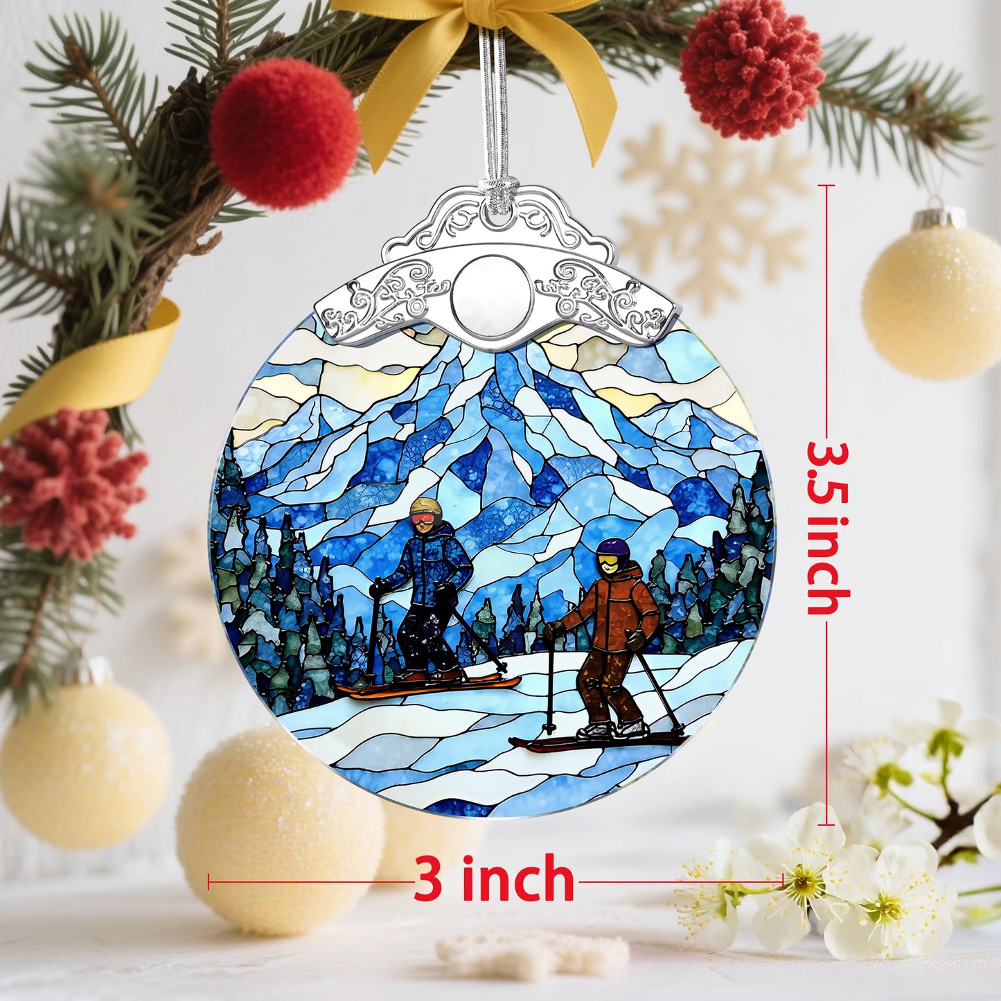 Stained Glass Skiing Christmas Ornament: Christmas Tree Ornaments & Decor, Holiday Decor – Holiday Presents, Gift Ideas & Gifts for Friends, Coworker, and Family