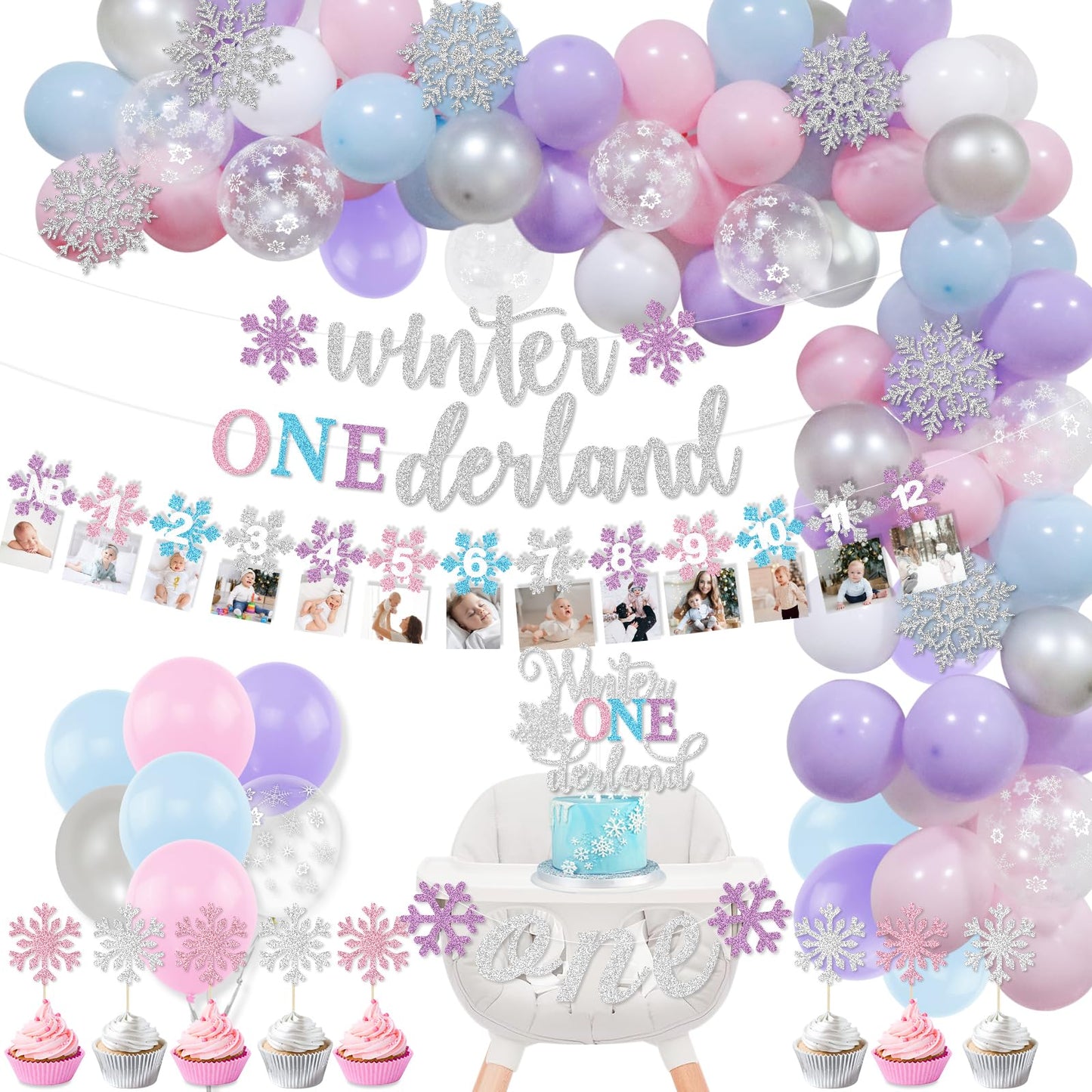 Winter Onederland 1st Birthday Decorations Girl, Winter Onederland Banner, Snowflake Photo Garland Highchair Banner Snowflake Balloon Arch Garland for Winter First Birthday Baby Shower Party Supplies