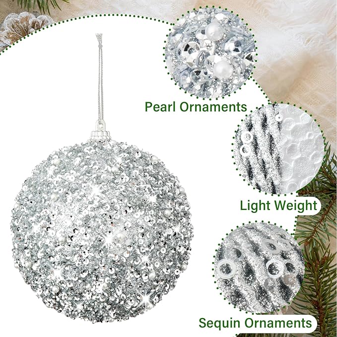 3.15" Christmas Ball Ornaments Glitter Shatterproof Christmas Tree Ornaments Sequin Xmas Hanging Balls Decorations for Wedding Party Holiday(Silver, 12pc-8cm)