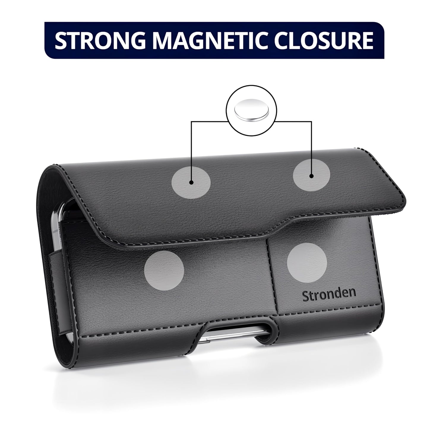 Stronden Magnetic Closure Holster for iPhone 17 Pro, 17e, 17, 16 Pro, 16e, 16, 15 Pro, 15, 14 Pro, 14, 13 Pro, 13, 12 Pro, 12, 11, XR - Leather Belt Case Pouch (Fits Slim/Regular Case on)