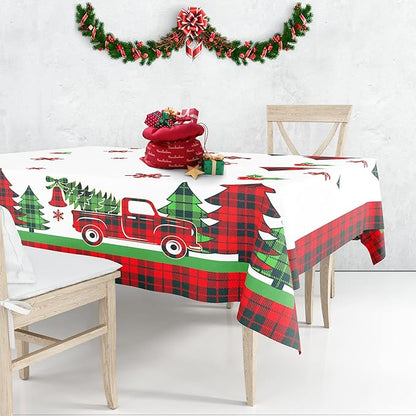 pinkblume 4.3x9Ft Christmas Tablecloth Rectangle Buffalo Plaid Xmas Tree Red Truck Joy Merry Christmas Sign Reindeer Snowflake Holly Berry Dining Table Cover for Holiday New Year Kitchen Decorations