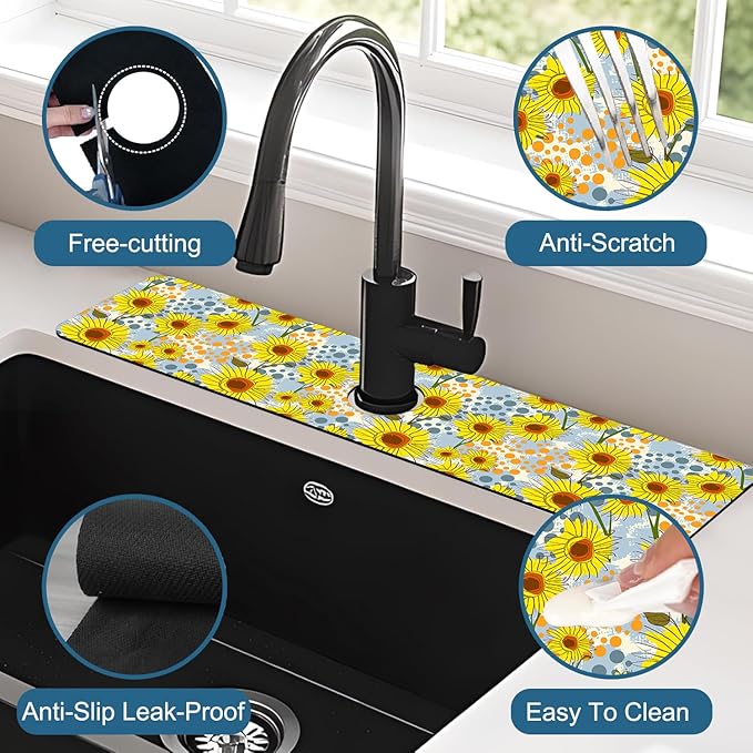 Watercolor Sunflowers Sink Splash Guard Faucet Mat Sunflowers Polka Dots Super