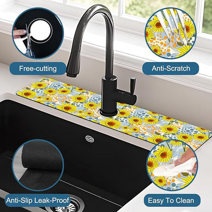 Watercolor Sunflowers Sink Splash Guard Faucet Mat Sunflowers Polka Dots Super