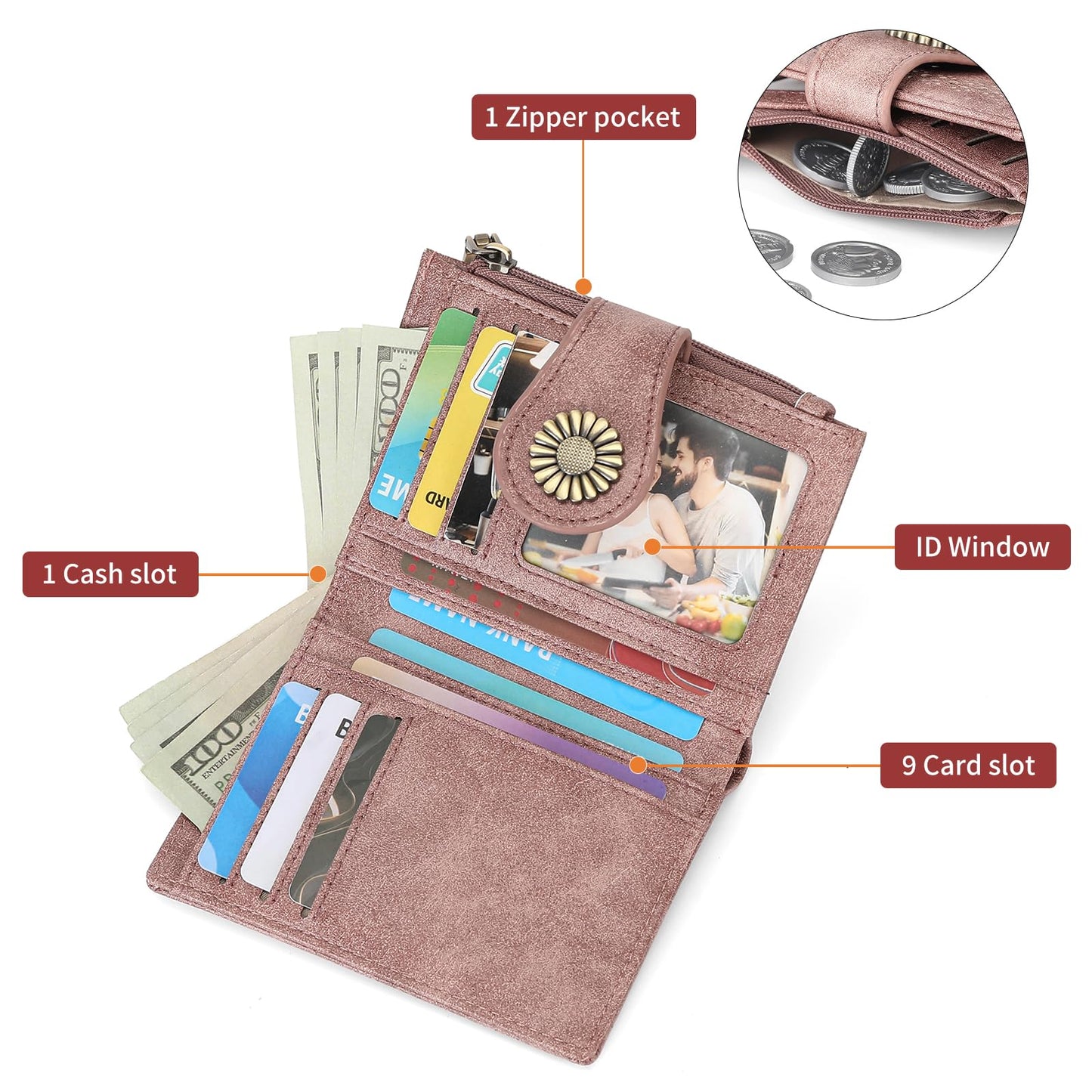 SENDEFN Small Wallets for Women Bifold RFID Blocking Leather Card Holder Compact Wallet with Zipper Coin Pocket