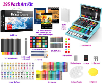 iBayam Art Set for Kids Teens Girls Boys Adult, 195-Pack Deluxe Artist Gift Box with 3 PCS Drawing Pads, A4 Canvases, Arts and Crafts Kits, Painting, Drawing & Art Supplies with 24 Color Acrylic Paint