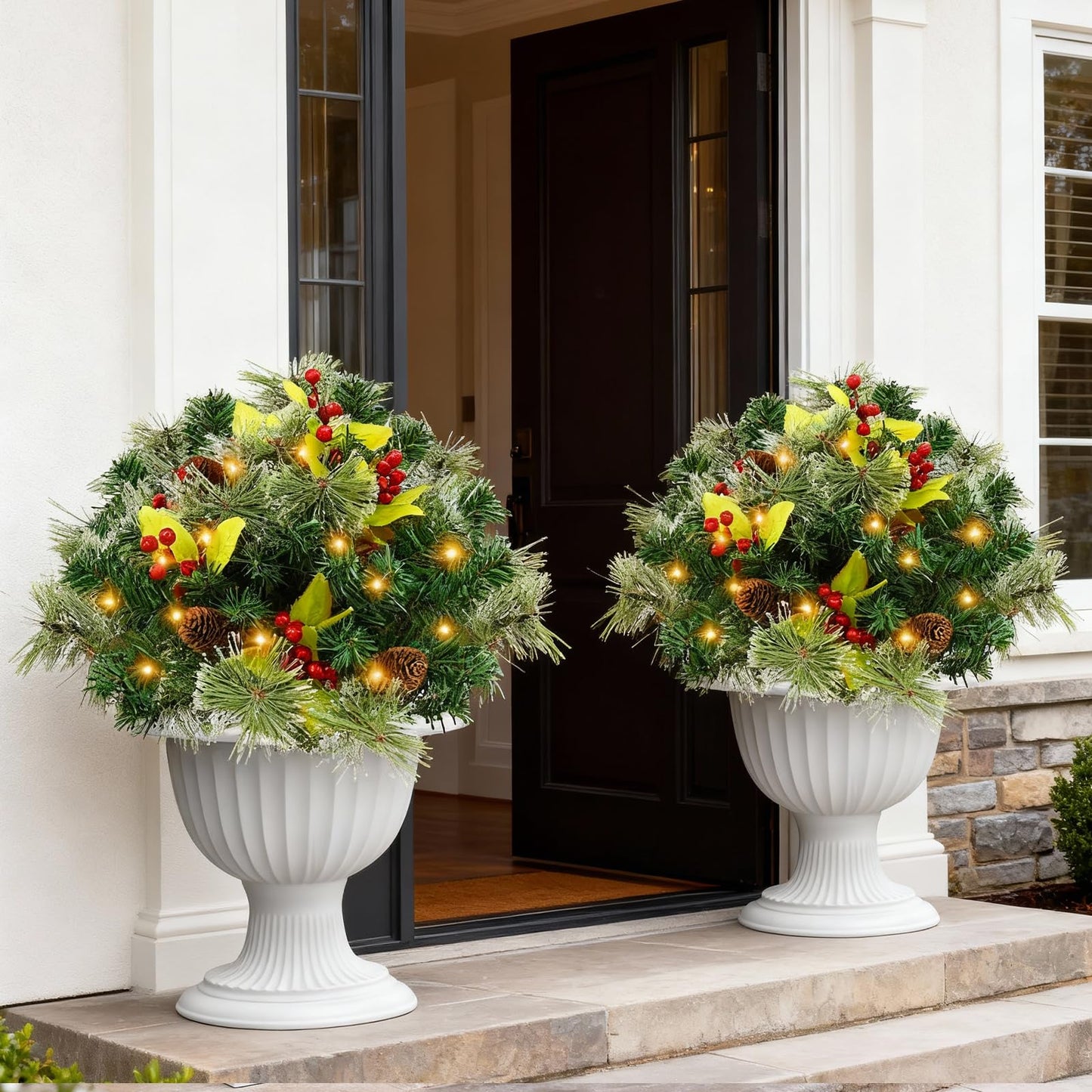 JOYHALO 2 Pack Set 18 Inch Christmas Urn Filler with 60 Warm White Lights, Battery Box with Timer, Xmas Pot Fillers with Branches Berries Pinecones, Outdoor Xmas Trees for Porch Pathway Yard Decor