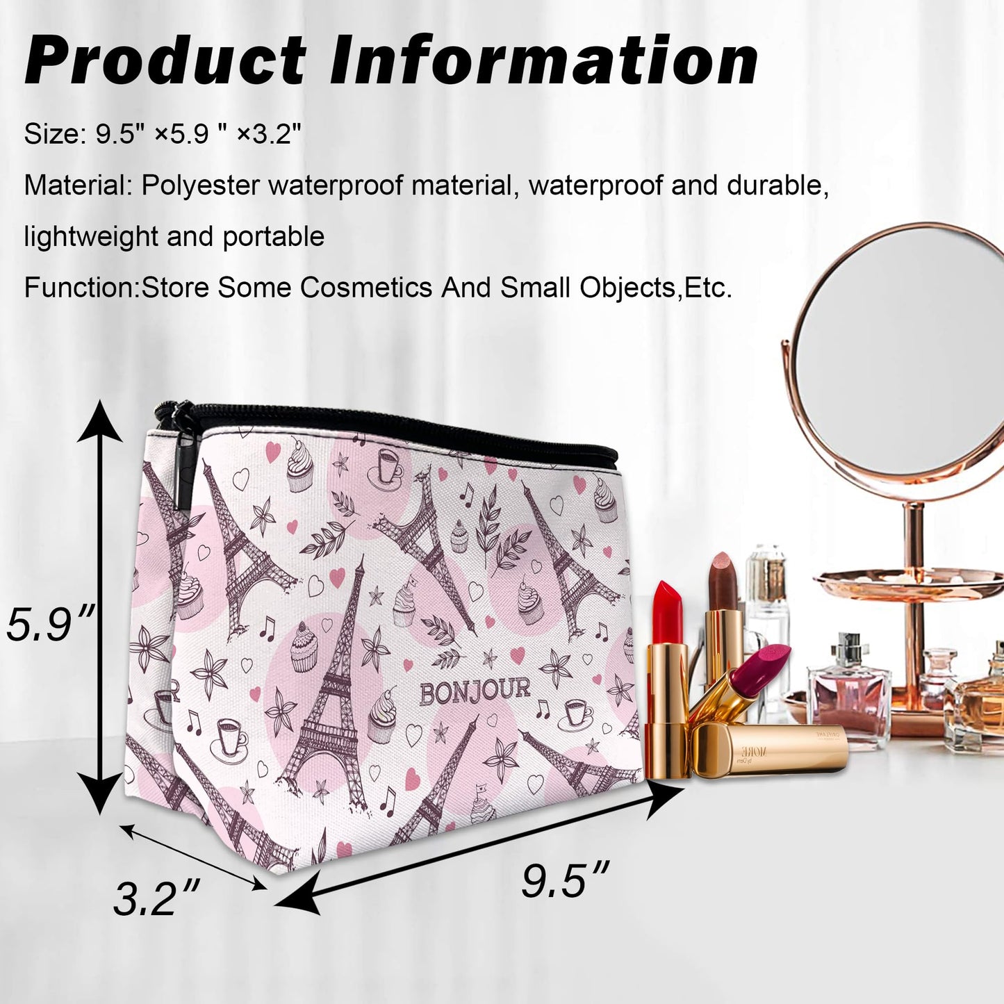DEMACYA Watercolor Paris Tower Makeup Bag for Purse, Waterproof Funny Cosmetic Bag for Women, Zipper Travel Toiletry Pouch Gift 9.5×5.9 Inch