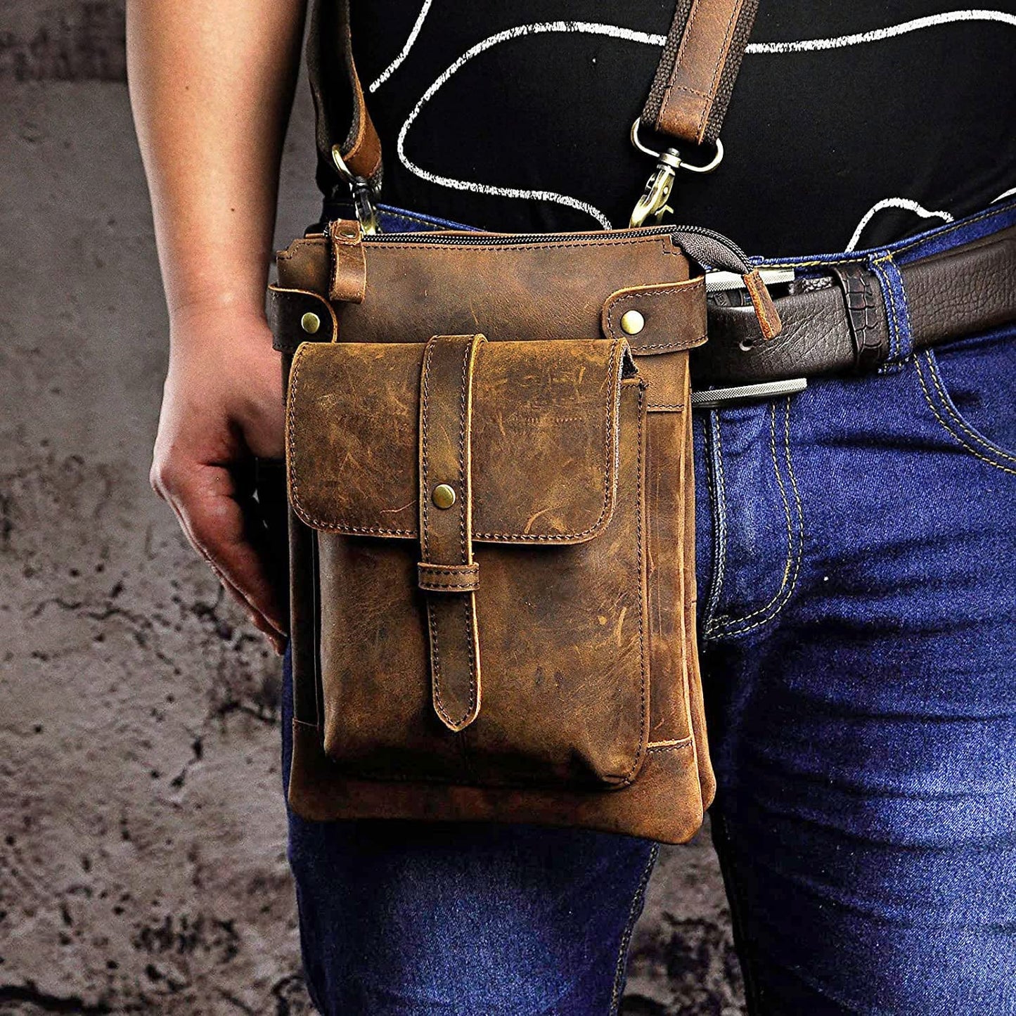 Le'aokuu Mens Genuine Leather Small Messenger Shoulder Satchel Waist Bag Pack 8711 (8711 A-Dark Brown)