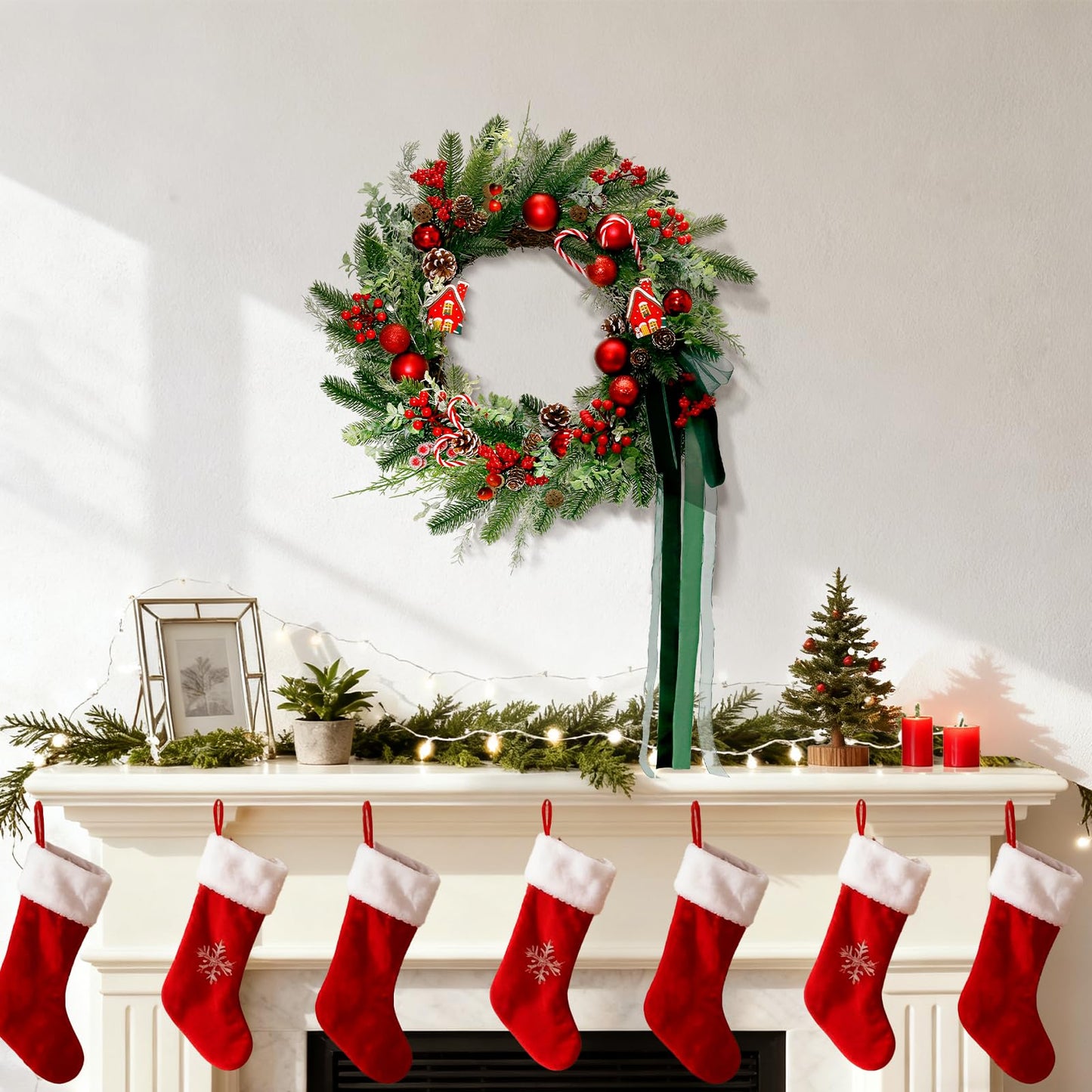 20" Christmas Wreath for Front Door, Christmas Door Wreath Decoration with Ball Ornaments, Red White Candy, Pine Cones Berries & Bow, Holiday Decoration