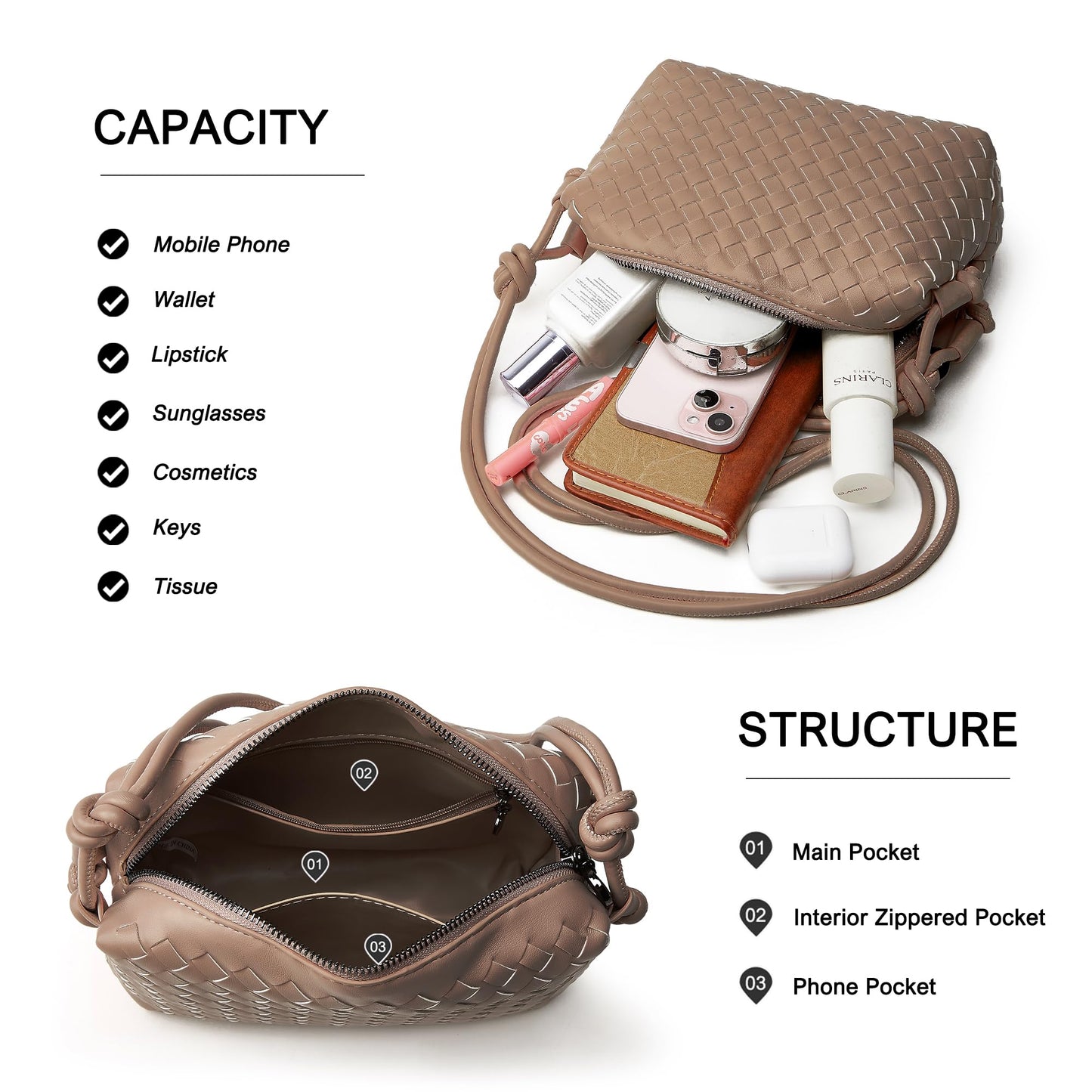 hedexe Woven Crossbody Bag for Women: Handmade Vegan Leather Purse - Quiet Luxury Minimalist for Casual Travel Daily (Khaki)
