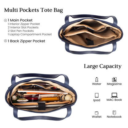 befen Soft Real Leather Tote Bag for Women, Ladies Leather Shoulder Bags Purse Satchel Handbag with Top Handles for Work Navy Blue