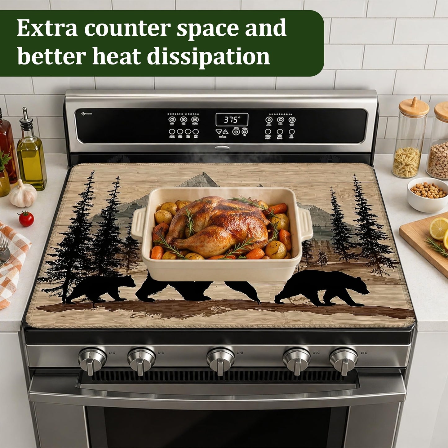 Bear Stove Top Cover Glass Cooktop Heat Resistant Cover,Mountain Forest Ceramic Stove Top Covers Mat Prevents Scratching Stoves/Counter/Washer Protector,28.5x20.5 in