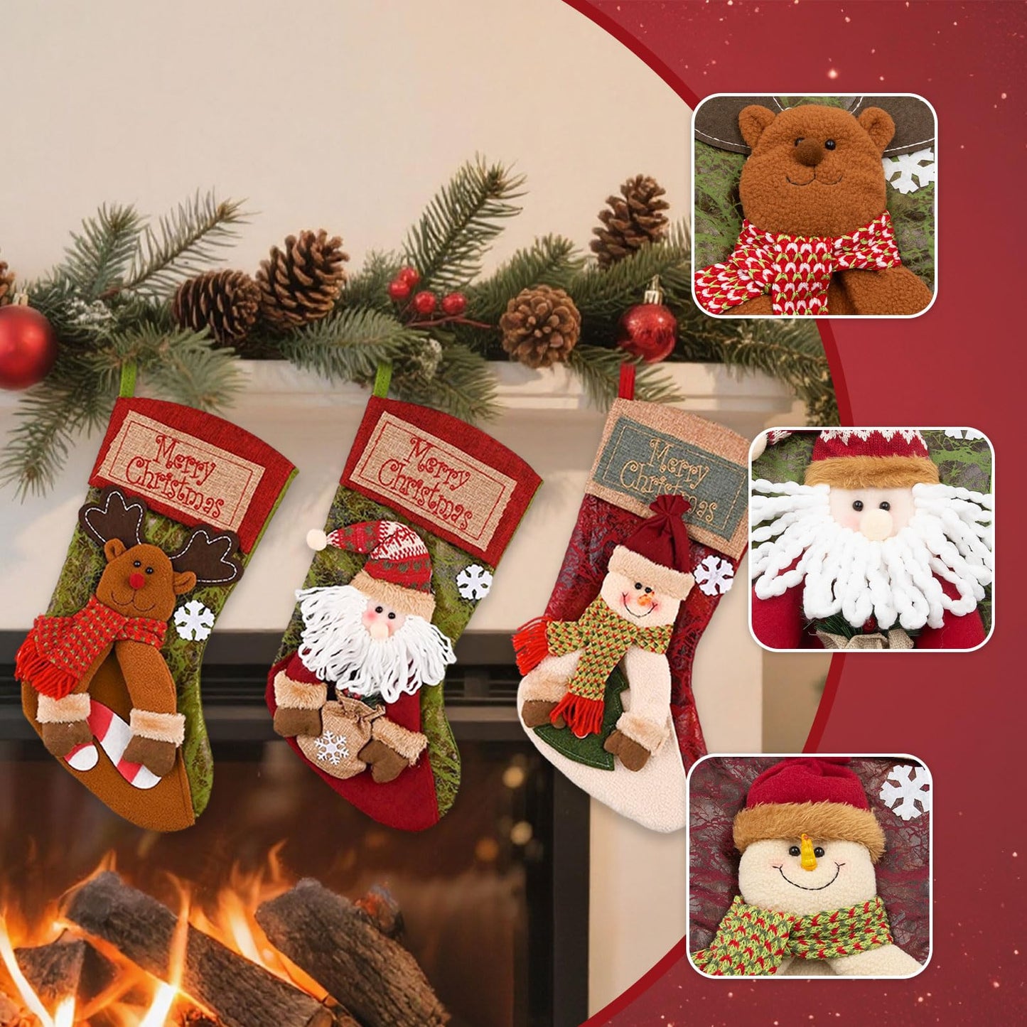 VVXKS 3 PCS Christmas Stockings Set, Large Classic Christmas Stockings with Holder, Stockings with 3D Santa, Snowman, Reindeer 3D Bulk Xmas Stockings for Fireplace Window Counter Party Decor 17"