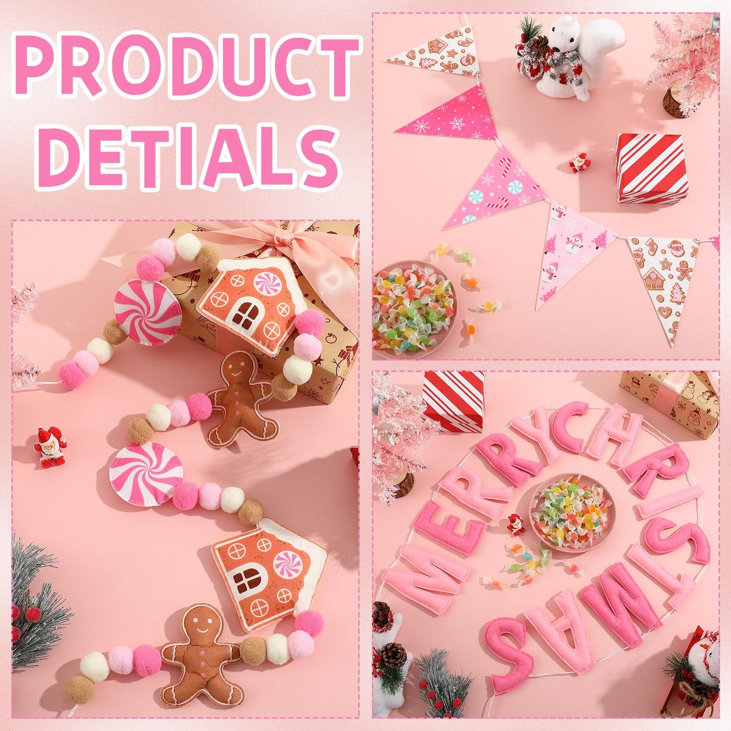 VitalCozy 3 Pcs Pre Strung Merry Christmas Banner Felt Merry Christmas Garland Felt Pennant Flag Xmas Sign Outdoor Indoor Decoration for Holiday Party Supplies Home Porch (Pink, White, Gingerbread)