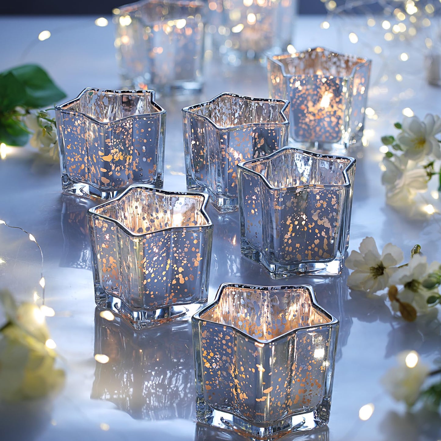 Letine 8pcs Silver Star-Shaped Candle Holders, Tea Light & Votive Candle Holders for Diwali, Wedding, Fall Table Centerpiece, Celestial Glow Jar, Lucky Star Jar & Holiday Decorations (2.44" H)