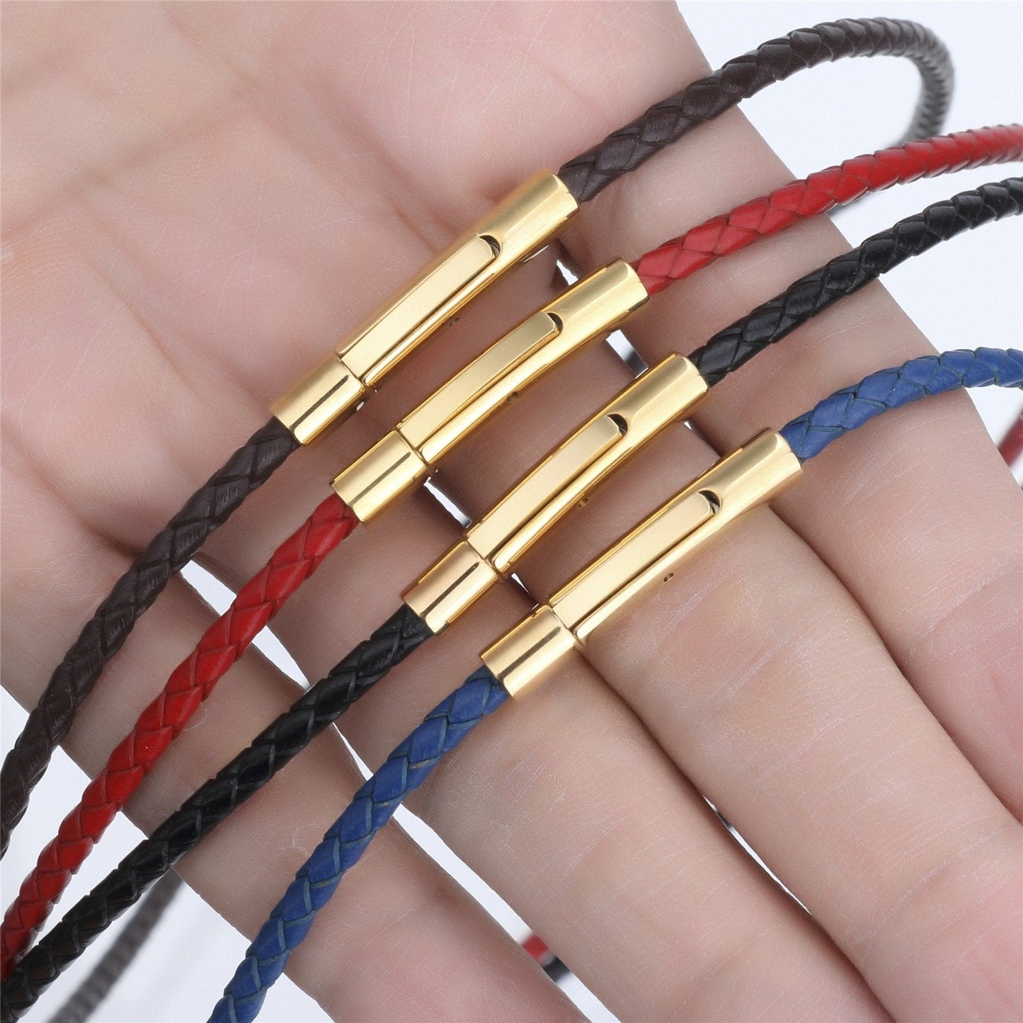 ELFASIO 3mm Mens Womens Red Braided Leather Cord Gold Stainless Steel Secure Clasp Necklace Chain 18 inch