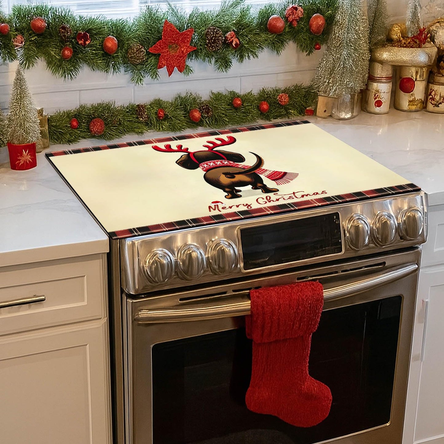 HOMETITUTE Stove Top Covers for Electric Glass Stove 28x20 Inch Christmas Dog Reindeer Design Heat Resistant Cooktop Protector Counter Cover Dish Drying Mat for Kitchen RV Camper