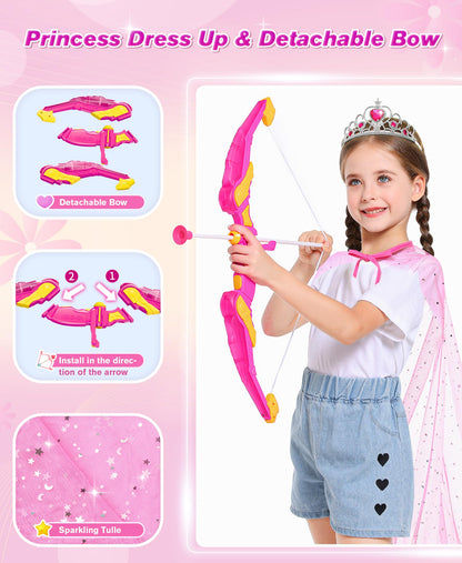 DUDUCOFU Kids Bow and Arrow Set Toys for Girls, LED Light Up Archery Bow Set with Princess Cape and Crown, 10 Suction Cup Arrows, Indoor and Outdoor Play Birthday Gift Toy for Kids Boys Girls