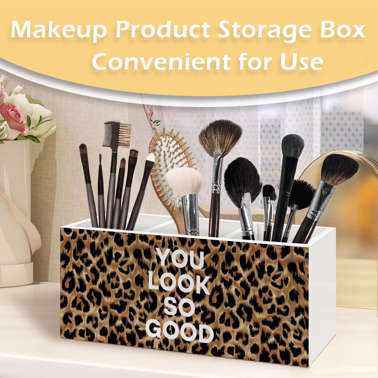 Foyoulame Inspirational Leopard Print Pen Pencil Holder, Cheetah Desk Accessories, Trendy Leopard Print You Look So Good Wooden Pen Pencil Organizer for Y2k Room Dorm Desk Decor