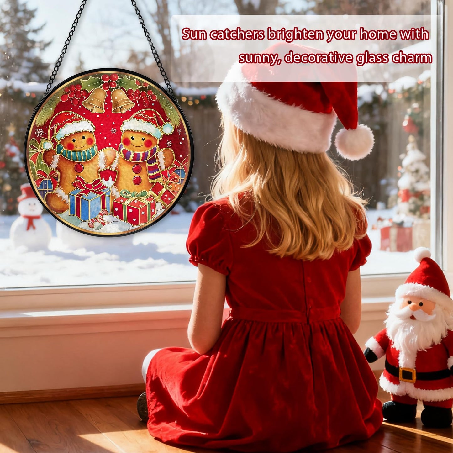 Christmas Decorations Stained Glass Window Hanging, Gingerbread Candy Cane Christmas Suncatcher for Window Hanging, Suncatchers Indoor Windows Wall Art for Mom Grandma, for Home Office 7.87 inches
