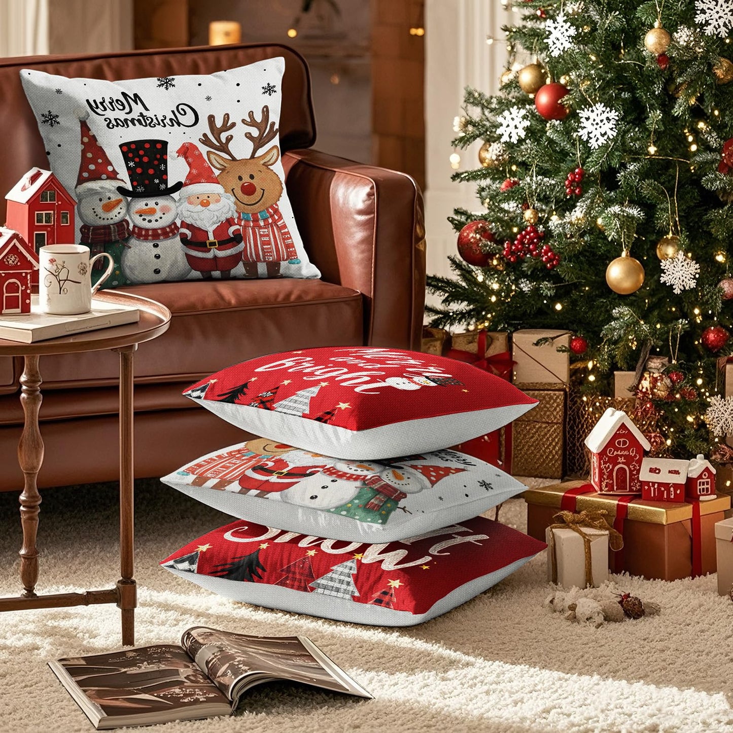 UPOFFICIS Christmas Pillow Covers 18x18 inch Set of 4, Christmas Decorations Cushion Covers, Xmas Pillow Covers, Pillowcases Throw Pillow Covers for Sofa Couch Home Decor