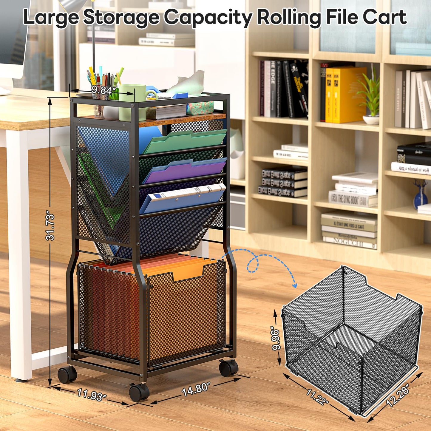 DAOUTIME 8 Tier Rolling File Cart with Hanging File Folder Organizer, Mobile File Organizer with 2 Sides Access Bookcase, Beside/Under Desk Cart with Wheels for Office Home School