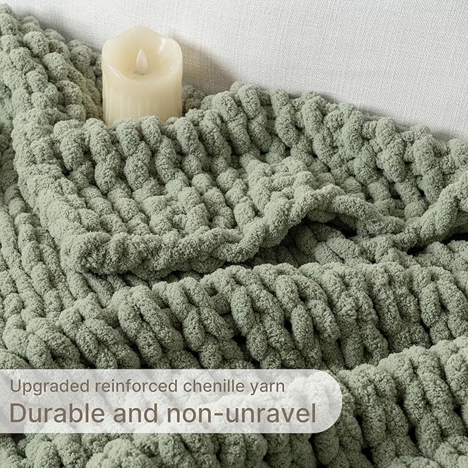 Chunky Knit Blanket Throw, 100% Hand Knit Throw Blanket Handmade Chenille Cable Knit Throw for Couch, Stylish Cozy Soft Rope Knot Crochet Blanket for Home Decor, Sage Green, 40x50 Inches