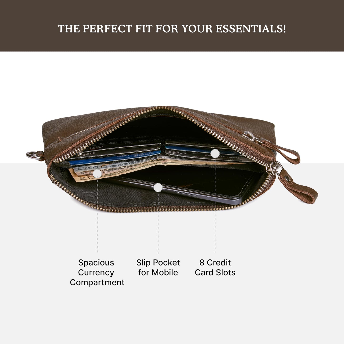 Wise Owl Accessories Genuine Leather Wristlet Wallet for Women Clutch Handbag Purses for Cell Phone Keys Coins Credit Card Slots (Brown Nappa)