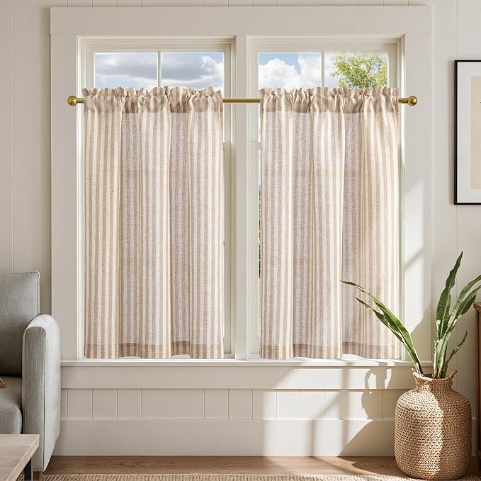 jinchan Striped Linen Kitchen Curtains 36 Inches Length Tier Curtains Farmhouse Modern Cafe Style Small Window Treatments Airy Light Filtering Rod Pocket for Living Room Bathroom 2 Panels Tan
