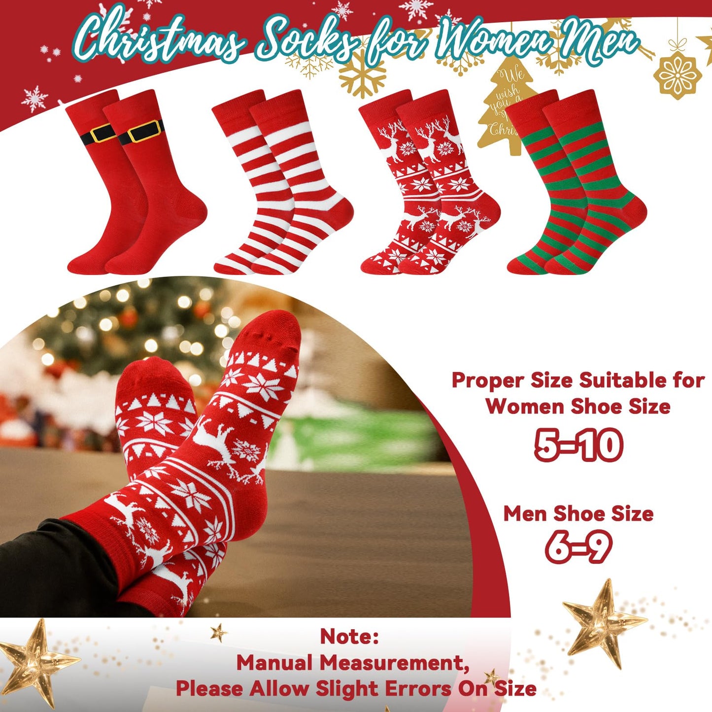 Liitrsh 12 Pack Christmas Winter Accessories Set, 4 Christmas Beanies 4 Knitted Scarves and 4 Pairs of Holiday Socks Soft Warm Xmas Hat Scarf Sock Set for Family Parties Gifts