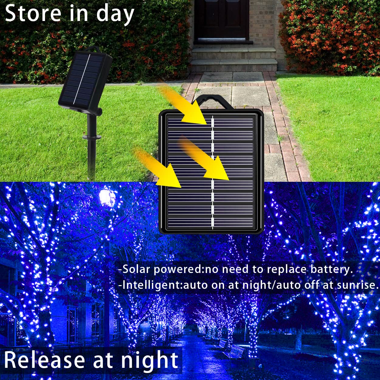 Blue Solar String Lights Outdoor Waterproof, 2 Pack 144ft 400LED with 8 Modes IP44 Waterproof, Fairy Twinkle Decorations for Christmas Tree Garden Patio Wedding Party Yard