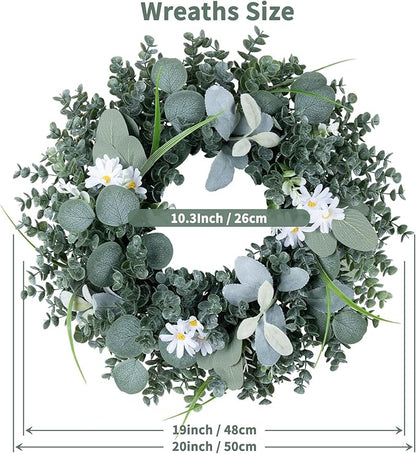 Door Wreath Green Eucalyptus for Front Door Wreaths Spring Summer Wreath Artificial Leaves Wreaths for All Season Home Farmhouse Porch Year Round Outdoor Wall Decorating,20 Inch