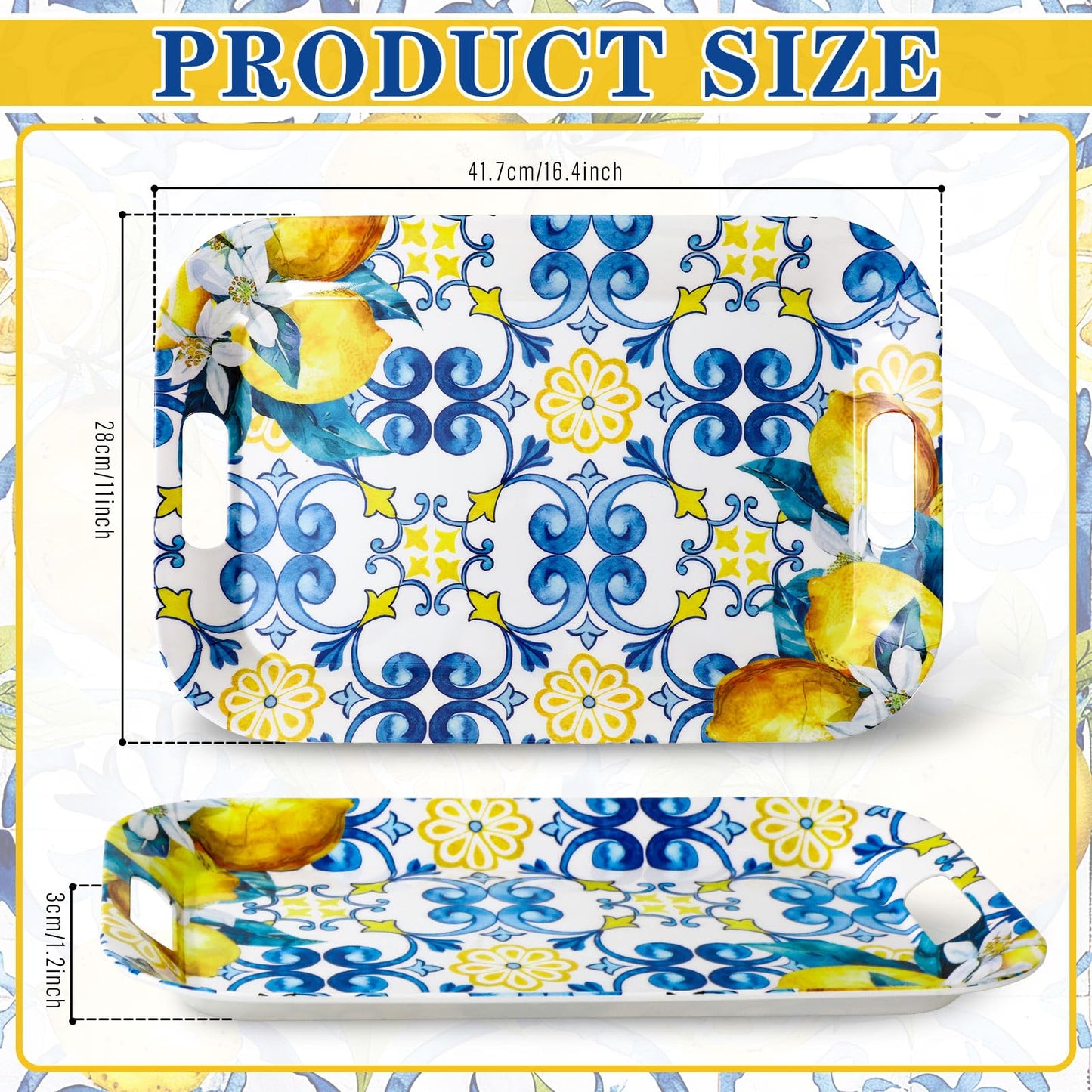 JarThenaAMCS 3Pcs Capri Lemon Serving Trays Summer Blue Tile Yellow Lemon Platter with Handles Reusable Serving Dishes for Birthday Party Sharing Snacks Fruit Dessert