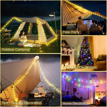 Camping String Lights, Outdoor String Lights with 8 Lighting Modes, Rechargeable String Light Camping 2 in 1, Waterproof Portable Stowable USB Camping Lights for Camping, Yard, Party Decor 32.8 ft
