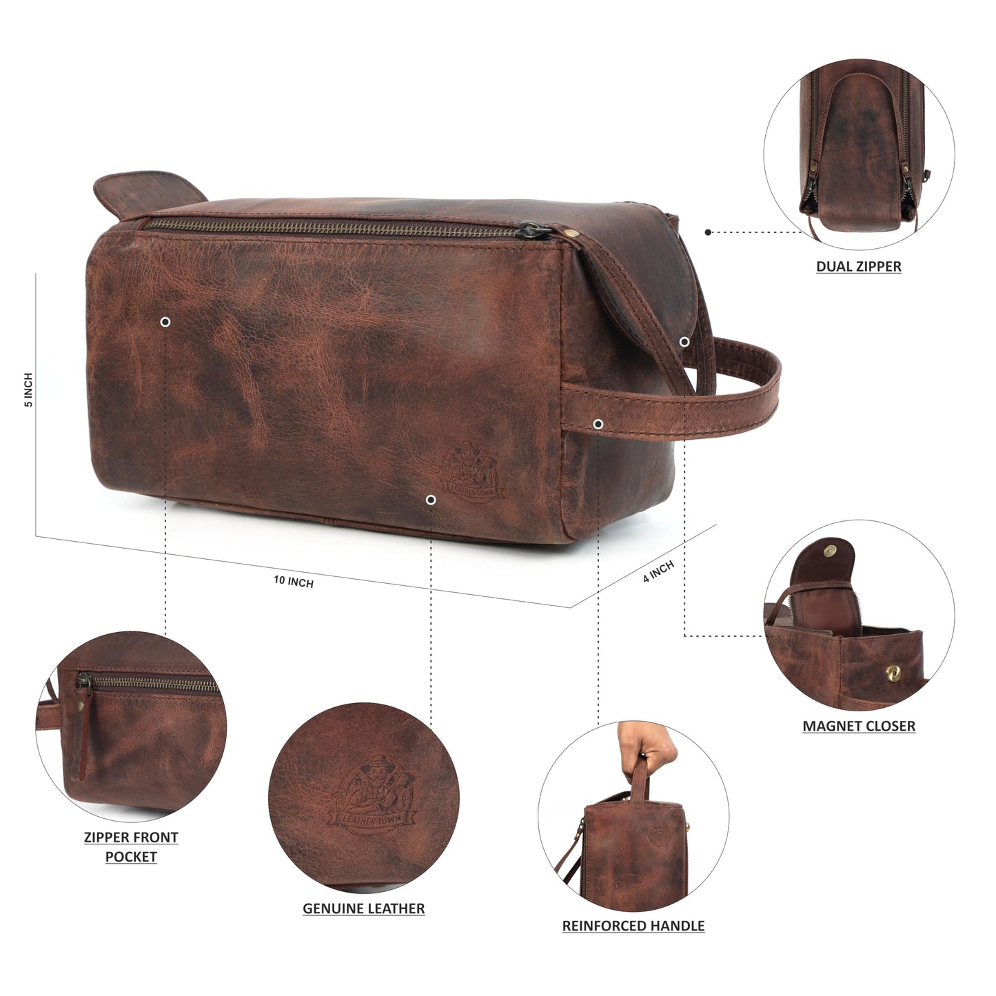 Leather Toiletry Bag for Men, Travel Duffels Essentials Shaving Dopp Kit, Mens Travel Bag Toiletries Organizer Case for Grooming, Made from 100% Real Leather (Dark Brown)