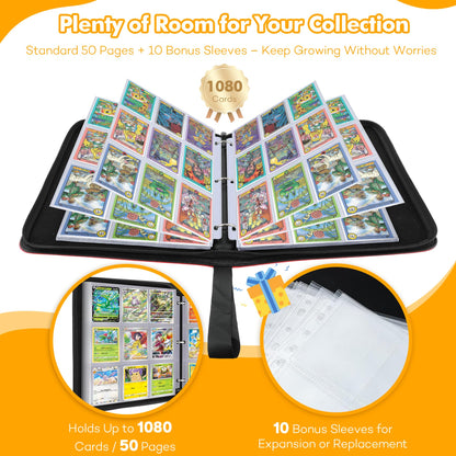 1080-Card Binder – 9-Pocket Trading Card Album with 60 Removable Double-Sided Pages, Water-Resistant PU Leather Zipper Case with Wrist Strap, Fits MTG & Sports Cards